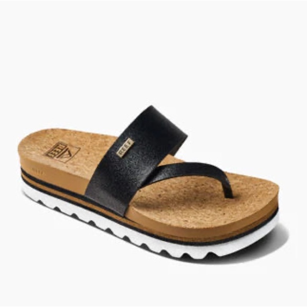 Reef Cushion Sol Hi Sandals Women's 11 Black Platform Flip Flops Toe Post Cork - Picture 2 of 8